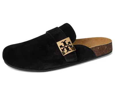 Tory Burch Mellow Black Slip-on Mule With Metallic Logo Buckle In Suede Woman
