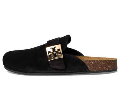 Tory Burch Mellow Black Slip-on Mule With Metallic Logo Buckle In Suede Woman