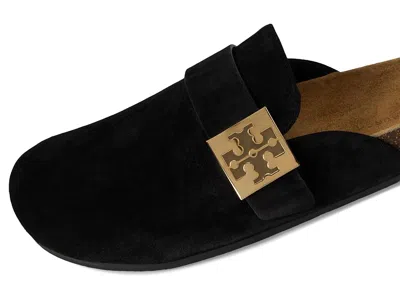 Tory Burch Mellow Black Slip-on Mule With Metallic Logo Buckle In Suede Woman
