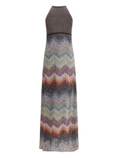 Missoni Long Halter-neck Dress In A Greek-style Zigzag Knit With Sequins Clothing In Multi