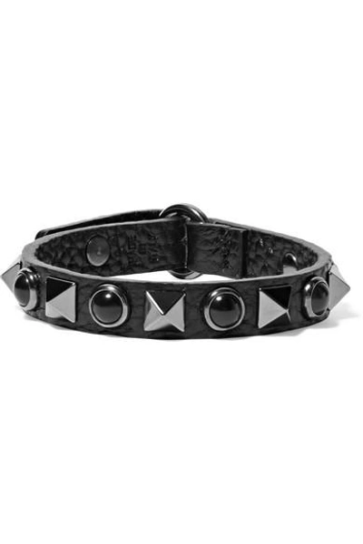 Shop Valentino Embellished Textured-leather Bracelet In Black