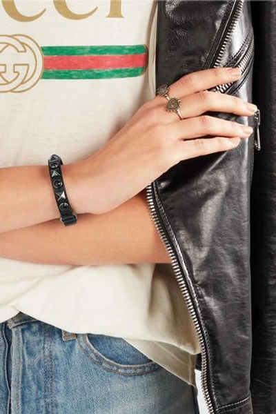 Shop Valentino Embellished Textured-leather Bracelet In Black