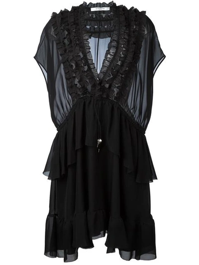 Givenchy Ruffle Trim Sheer Panel Dress In Black