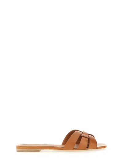 Saint Laurent Leather Tribute Flats With 1.5cm Heel For Women In Brown
