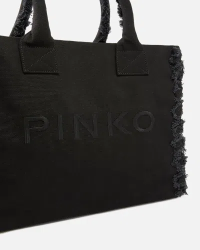 Pinko Frayed Lettering Medium Tote Bag In Black