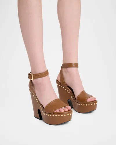 Givenchy Clog Leather Platform Sandals With Studs Detail In Brown