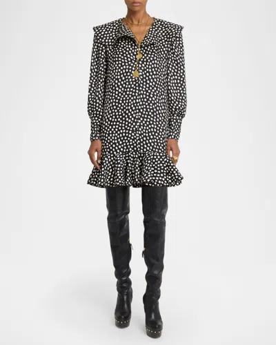 Chloé Dots-print Silk Jacquard Capelet Long-sleeve Mini Dress In Black