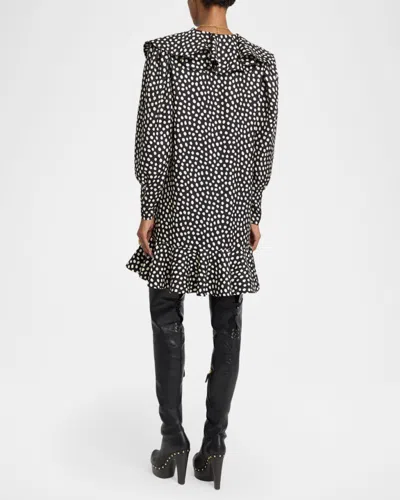 Chloé Dots-print Silk Jacquard Capelet Long-sleeve Mini Dress In Black