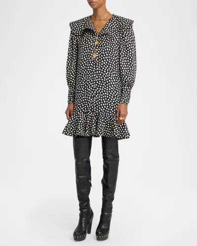 Chloé Dots-print Silk Jacquard Capelet Long-sleeve Mini Dress In Black
