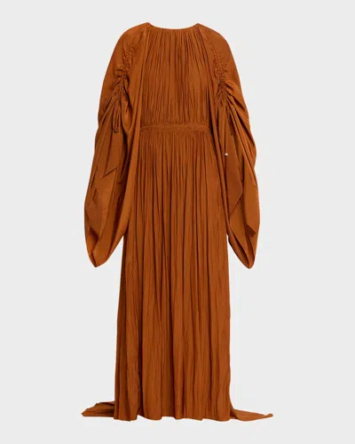 Lanvin Crinkled Satin Ruched Sleeve Gown In Brown