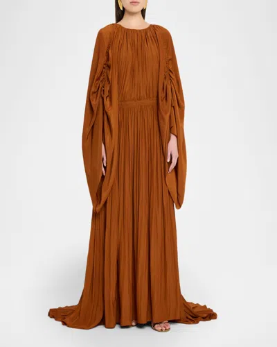 Lanvin Crinkled Satin Ruched Sleeve Gown In Brown