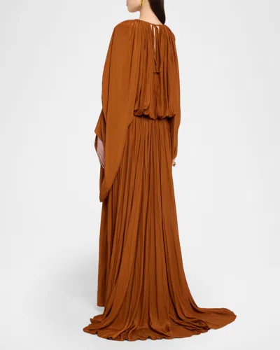 Lanvin Crinkled Satin Ruched Sleeve Gown In Brown