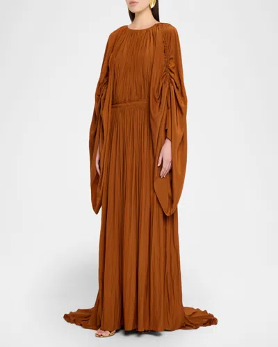 Lanvin Crinkled Satin Ruched Sleeve Gown In Brown