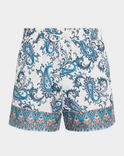 Etro Men Powder Blue Paisley Ramage-printed Swim Shorts In White