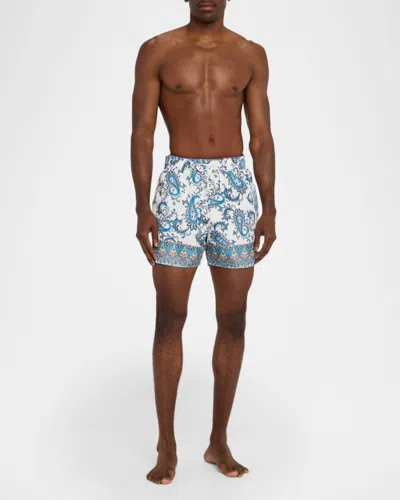 Etro Men Powder Blue Paisley Ramage-printed Swim Shorts In White
