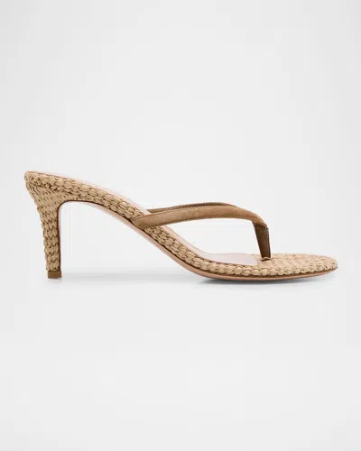 Gianvito Rossi 70mm Calypso Suede And Raffia Heeled Thong Sandals In Gold