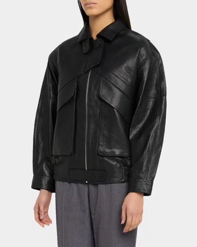 Aexae Pebbled Leather Aviator Jacket In Black