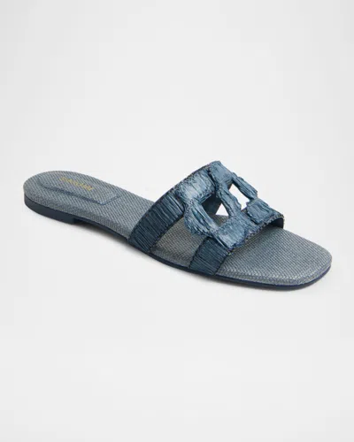 Simkhai Raffia Monogram Flat Slide Sandals In Blue