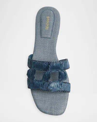 Simkhai Raffia Monogram Flat Slide Sandals In Blue