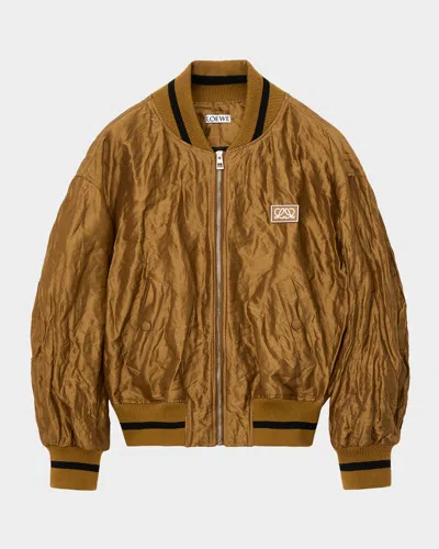 Loewe Womens Toffee Crinkled-texture Striped-trim Woven Bomber Jacket In Brown