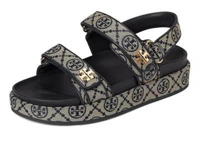 Tory Burch T Monogram Kira Jacquard Fabric Sandals In Blue