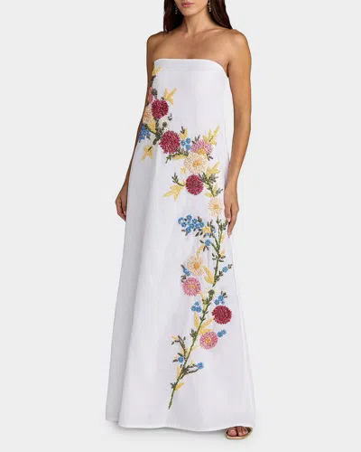 Mac Duggal Floral Embroidered Linen Strapless Trapeze Gown In White