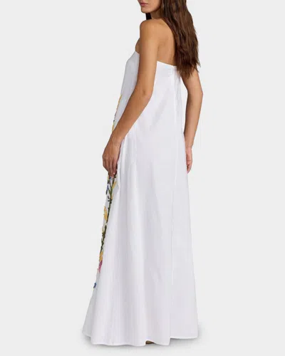Mac Duggal Floral Embroidered Linen Strapless Trapeze Gown In White