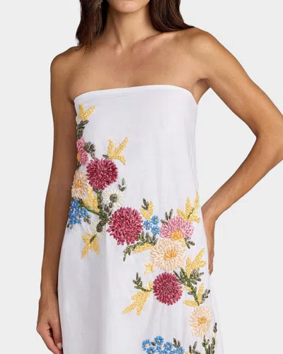 Mac Duggal Floral Embroidered Linen Strapless Trapeze Gown In White