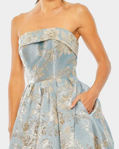Mac Duggal Strapless Brocade Midi Dress With Pockets In Blue Multi