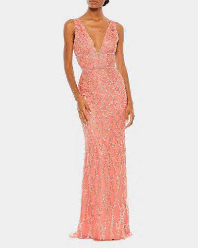 Mac Duggal Sequined Plunge Neck Sleeveless Column Gown In Coral