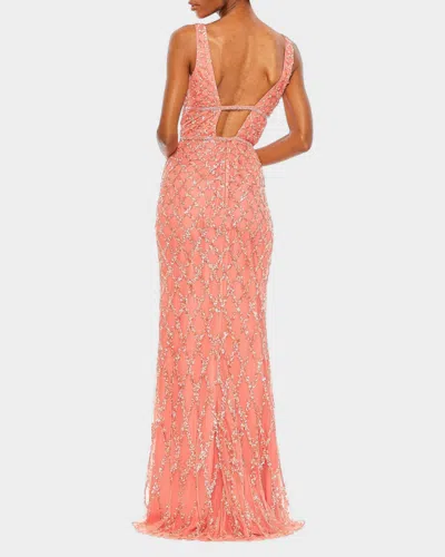 Mac Duggal Sequined Plunge Neck Sleeveless Column Gown In Coral