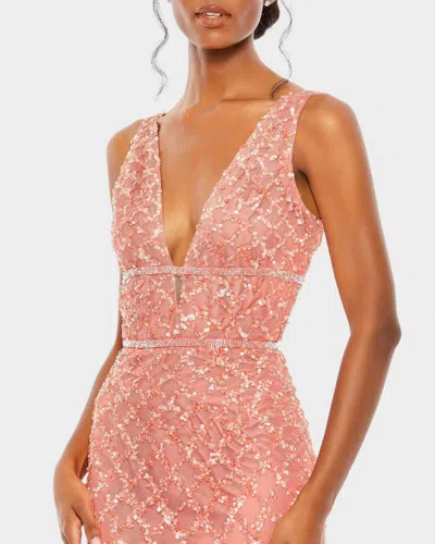 Mac Duggal Sequined Plunge Neck Sleeveless Column Gown In Coral