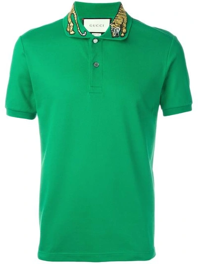 Gucci Cotton Polo With Tiger Embroidery In Green