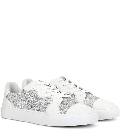 Shop Tory Burch Milo Glitter And Leather Sneakers In Silver