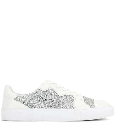 Shop Tory Burch Milo Glitter And Leather Sneakers In Silver