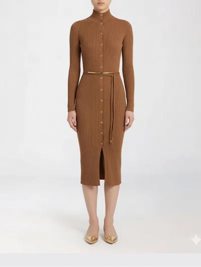 Elisabetta Franchi Dress In Openwork Knit Fabric With Jewel Belt In Brown