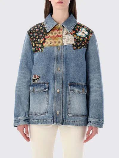Valentino Denim Jacket Padded Collared Neck Patchwork In Blue