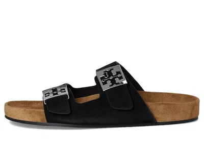 Tory Burch Mellow Suede Dual-buckle Slide Sandals In Black