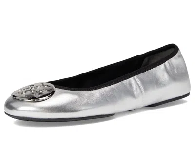Tory Burch Silver Colored Ballerinas With Logo Plaque On The Front And Elasticated Design In Leather Woman In Silver