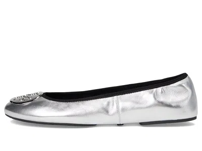 Tory Burch Silver Colored Ballerinas With Logo Plaque On The Front And Elasticated Design In Leather Woman In Silver