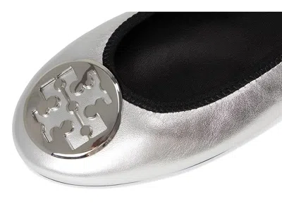 Tory Burch Silver Colored Ballerinas With Logo Plaque On The Front And Elasticated Design In Leather Woman In Silver