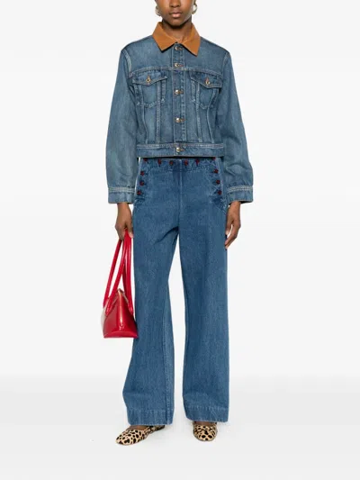 Maje Button Collared Denim Jacket In Blue