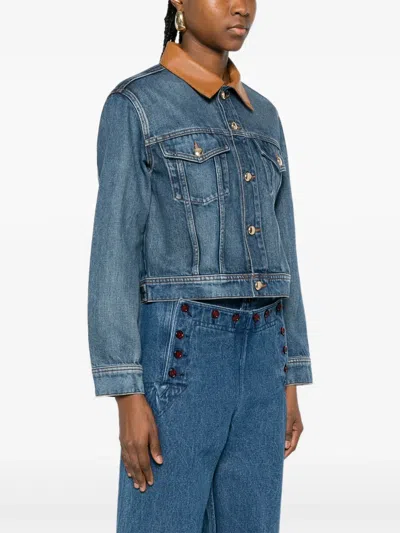 Maje Button Collared Denim Jacket In Blue