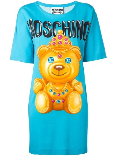 Moschino Crowned Bear T-shirt Dress In Blue