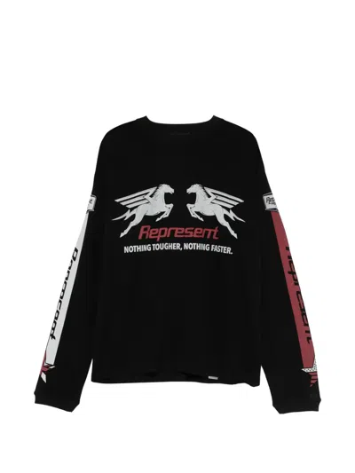 Represent Long Sleeve Crew Neck Graphic Text T-shirt In Black