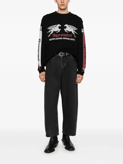 Represent Long Sleeve Crew Neck Graphic Text T-shirt In Black