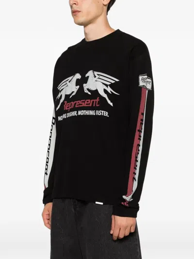 Represent Long Sleeve Crew Neck Graphic Text T-shirt In Black