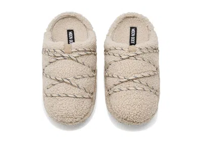 Moon Boot Teddy Texture Slippers Flat Sole Lace In Neutral