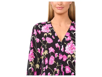 Cece Floral Printed Button Front Long Sleeve Top In Multi