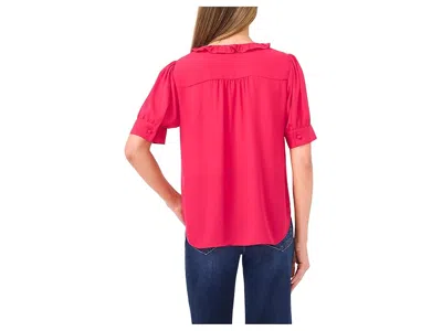 Cece Short Puff Sleeve Button Down Ruffled Top In Red
